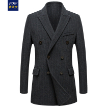 Double-sided woolen coat mens short winter pure wool woolen coat vertical stripe double-breasted suit men cashmere coat