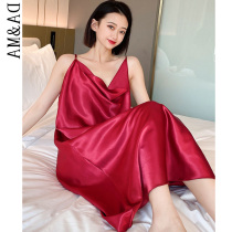 Silk large size nightgown 200kg women's red suspender skirt with long adjustable shoulder strap summer ice silk household dress