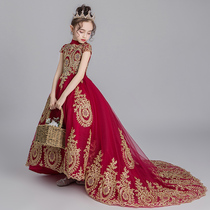 Childrens wine red princess dress puffy gauze girls wedding dress tailing children flower girl model catwalk piano costume