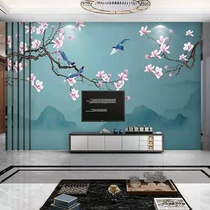 New Chinese magnolia bird hand painted bamboo and wood fiber TV background wall Living room sofa bedroom bedside integrated wallboard
