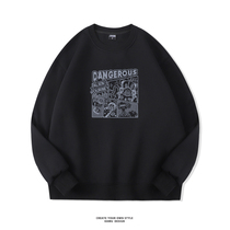 American Retro Comics round neck sweater mens autumn and winter trend High Street hatless top loose size plus velvet coat