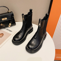 WUXIE chic Korean style black leather round head front zipper short boots female thick heel Super fire smoke tube Martin boots
