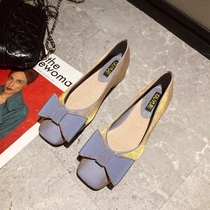 I break gray and blue satin cloth Late evening wind gentle XIE square head shallow mouth bow thick heel single XIE~