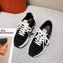 WUXIE English fashion street shoot black casual shoes leather daddy shoes tide thick-soled running shoes