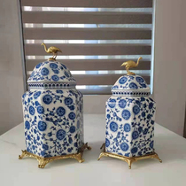 Blue and white porcelain storage jar ornament European-style American living room entrance fireplace ceramic with pure copper general jar high-end fittings