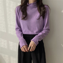 Wooden ear half high neck black base shirt female spring and autumn foreign style sweater 2021 new long sleeve shirt