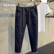 LUUD autumn and winter trend waist drawstring tooling pants casual Joker jeans men handsome retro trousers