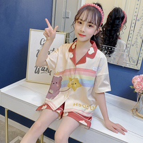 Girls  pajamas Childrens summer short-sleeved cotton thin section of the big childrens home clothes Girls summer Korean version of the star suit