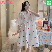 Summer cotton gauze night dress female summer thin section 2021 new large size pregnant women pajamas spring and autumn kimono cute