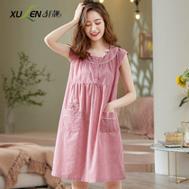 Summer nydress womens summer thin woven cotton dress Plaid size loose Korean cotton pajamas skirt
