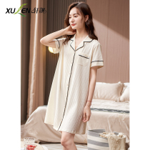 Sleeping Skirt Woman Summer Thin pure cotton short sleeve open Shirt pyjamas Skirt Pure Color Ensemble in white shirt Lie dress
