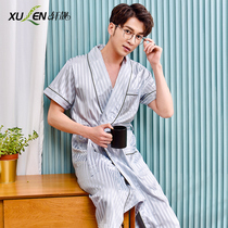Ice silk pajamas mens summer thin Japanese fashion casual striped one-piece bathrobe nightgown simulation silk home clothes