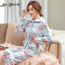 Island velvet pajamas womens spring and autumn thickened long-sleeved autumn and winter thin flannel large size womens middle-aged home clothes