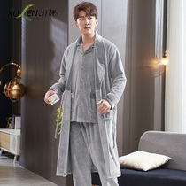 Island velvet mens pajamas three-piece set spring and autumn and winter thickened warm long coral velvet nightgown home clothes bathrobe