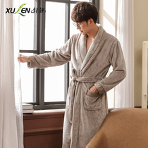 Flannel mens nightgown autumn and winter long sleeve thickened coral velvet long section plus size warm winter pajamas bathrobe