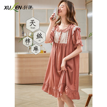 Nightdress Lady summer thin Tencel cotton linen short sleeve pajamas new girl cute ins style home clothing cool feeling