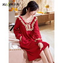 Red Sleeping Dress Lady Spring Autumn Season Pure Cotton Long Sleeve Bride Wedding Lace Pyjamas Palate New Wedding Sexy Dress