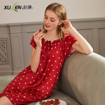Nightdress ladies pajamas summer thin ice silk summer short sleeve silk plus size red princess dress