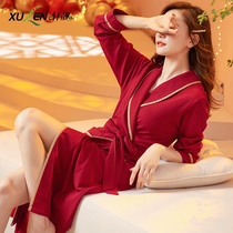 Newlywed wedding big red festive bride morning gown pajamas womens long sleeves cotton sexy nightgown plus size nightgown bathrobe
