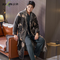 Coral velvet nightgown mens winter thickened long pajamas velvet warm spring and autumn cotton long-sleeved home wear suit