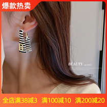 925 Silver Needle Square Leather Black and White Striped Letter Earrings Japanese and Korean Personality Joker Earrings Temperament Net Red Ear