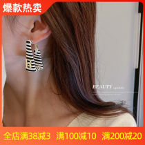925 Silver Needle Square Leather Black and White Striped Letter Earrings Japanese and Korean Personality Joker Earrings Temperament Net Red Ear