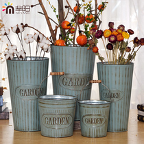 (Miyang)Retro tin flower barrel flower pot American vase Iron flower vase Flower tube Florist window display decoration