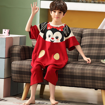 Pajamas boys summer thin childrens one-piece air-conditioned clothing male middle and large childrens anti-kick pure cotton baby home uniform