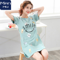 Short-sleeved night dress womens summer pure cotton thin pajama skirt large size summer 202021 new spring and autumn cotton