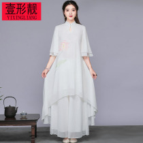 Hanfu womens improved autumn new tea clothing Chinese Tang dress cheongsam jacket ethnic style irregular dress Zen suit
