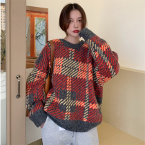  Mandoni plus size 2021 winter new Korean loose contrast plaid mid-length Christmas and New Year sweater female
