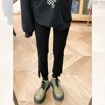 Seven4lee wire legs intribbed black split jeans women autumn and winter high waist slim nine tight pants