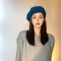 Version big face small wool beret female autumn and winter black big head cap Japanese super temperament blue