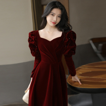Toast to the bride 2022 new wedding engagement wine red evening gown with dress girl senior feel long sleeves slim