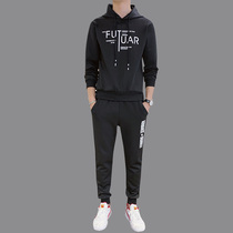 Black hooded sweater mens spring and Autumn pullover printing casual sports suit fashion handsome clothes a set of two pieces