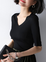 Ice-wire knitted sweatshirt woman short sleeve sashimi 2022 new black inner lap half sleeve v collar knit cardiovert blouse thin