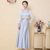 2021 Autumn New satin elegant blue long host evening dress annual evening party birthday party dress