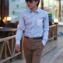 Korean middle-aged New Tide mens color splicing Korean business solid color casual long sleeve shirt