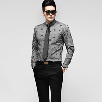 South Koreas new long sleeve mens shirt slim non-iron trend Korean business dress gray five-pointed star mens shirt