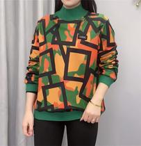 One velvet long sleeve T-shirt female semi-high collar printed hot diamond thin base shirt Joker plus velvet warm coat