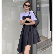 Dress spring and summer new girl design feeling minority age reduction Mori Platycodon grandiflorum temperament slim fake two-piece dress