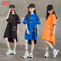 Girls dress 2021 new style personality loose casual short-sleeved skirt in large childrens foreign style parent-child summer fashion