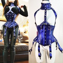 Annzley blue patent leather double steel waist suit short sexy waist cover corset