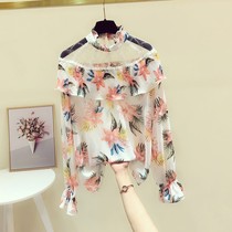 Sweet ruffle floral chiffon shirt womens 2021 autumn new design sense mesh stitching super fairy shirt tide