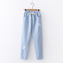 Junior High School jeans female spring and autumn loose leisure middle school girl trousers high school Korean girl 15 straight pants