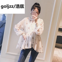 Pregnant women chiffon top short two-piece fashion Korean long-sleeved doll shirt autumn pregnant womens jacket autumn set