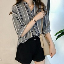 Summer new womens Korean loose thin striped shirt womens three-quarter sleeve V-neck top bottoming tide