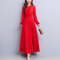 Red temperament goddess Fan Chiffon dress Spring and autumn high-end Western style socialite temperament thin holiday travel dress