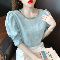 Barkusen temperament foreign style round neck bubble sleeve short-sleeved shirt womens design sense niche 2021 new wild blouse