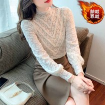 Barkusen temperament style thick plus velvet stand collar long sleeve lace women 2021 autumn and winter New Interior
